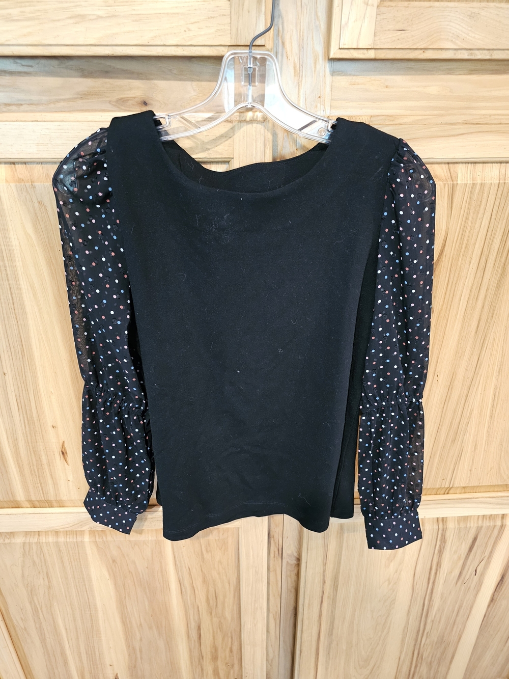 Versona Black Top with Multicolor Polka Dot Puff Sleeves